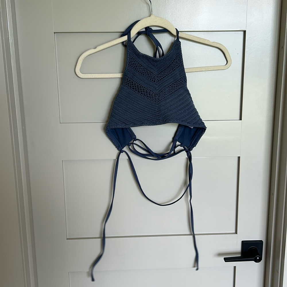 super cute blue large crocheted bathing suit top